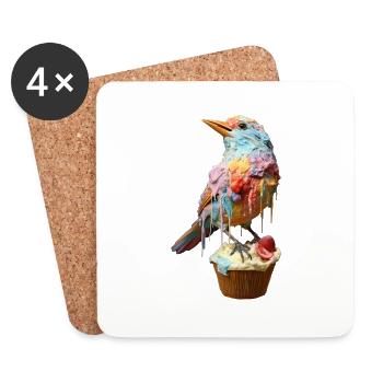 Oiseau crème glacée sur cupcake - Dessous de verre (lot de 4) - blanc - Devant