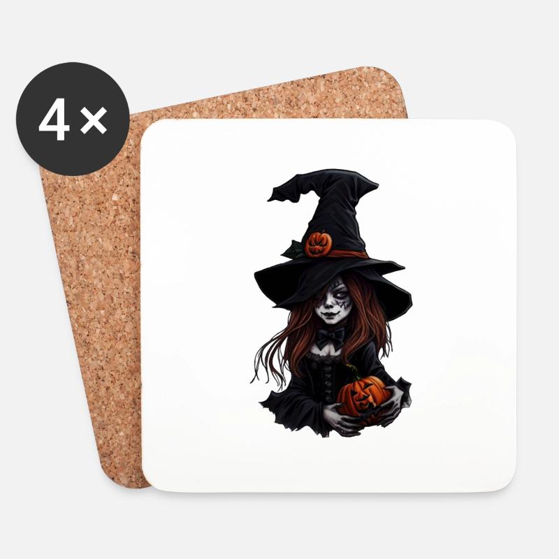 Halloween-Hexe mit Kürbissen - Untersetzer (4er-Set) - Weiß