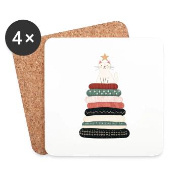 Cozy Cat Christmas Tree T-Shirt – Festive and Cute - Coasters (set of 4) - white - Front