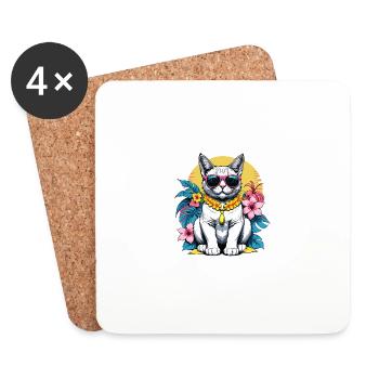 Cat Vacation Vacation Cat Vacation Hawaii Island Sea - Coasters (set of 4) - white - Front