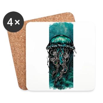 Azure Drift: Cyan Jellyfish Design - Coasters (set of 4) - white - Front