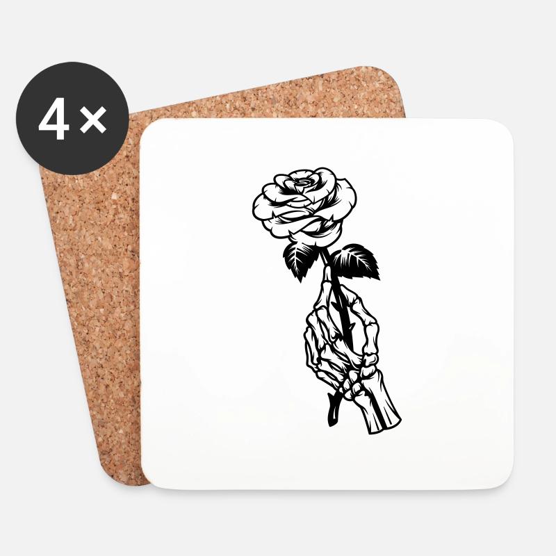 Rose in einer Hand, Illustration, Skelett-Hand - Untersetzer (4er-Set) - Weiß