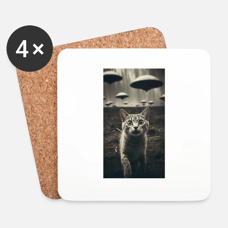 Funny Cat Selfie Alien UFO Meme - Untersetzer (4er-Set) - Weiß