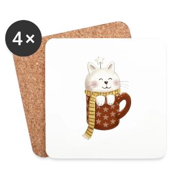 Katze Tasse weihnachtlich - Untersetzer (4er-Set) - Weiß - Vorne