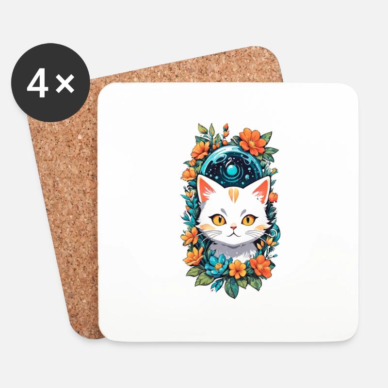 Katze und Blume Aquarell - Untersetzer (4er-Set) - Weiß