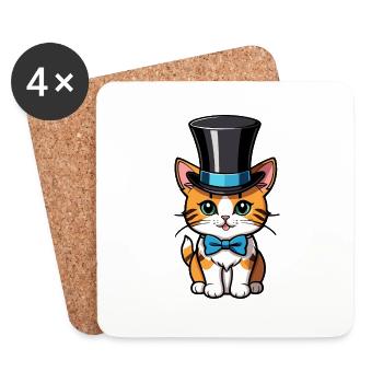 Chat avec un chapeau et nœud papillon - Dessous de verre (lot de 4) - blanc - Devant