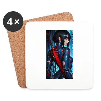 3D Blau/Rot Cyberpunk-Samurai-Kriegerin mit Katana - Untersetzer (4er-Set) - Weiß - Vorne