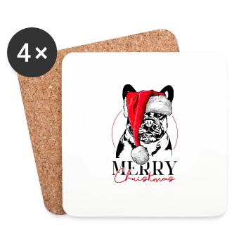 Père Noël Bouledogue Français Joyeux Noël Chiens - Dessous de verre (lot de 4) - blanc - Devant