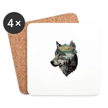 Wolf Wolf's Head Nature Wilderness Forest Trees Art - Coasters (set of 4) - white - Front