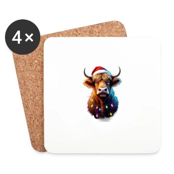 Vache écossaise des Highlands avec lumières de Noël - Dessous de verre (lot de 4) - blanc - Devant