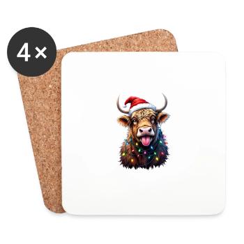 Schottische Hochlandkuh mit Weihnachtsbeleuchtung - Untersetzer (4er-Set) - Weiß - Vorne