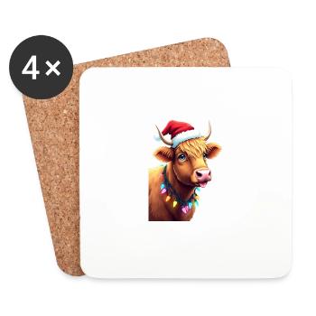 Weihnachten Hochlandkuh mit Lichterkette - Untersetzer (4er-Set) - Weiß - Vorne