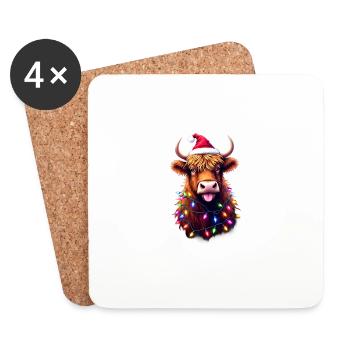 Vache des Highlands de Noël avec des lumières de Noël - Dessous de verre (lot de 4) - blanc - Devant