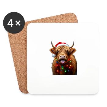 Schottische Hochlandkuh mit Weihnachtslichter-Charme - Untersetzer (4er-Set) - Weiß - Vorne