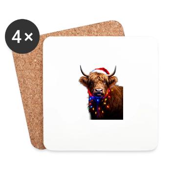 Weihnachtliche Hochlandkuh mit Weihnachtsbeleuchtung - Untersetzer (4er-Set) - Weiß - Vorne