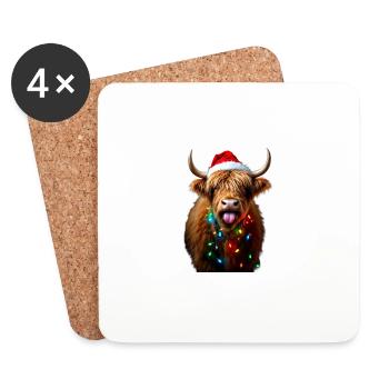 Vache écossaise des Highlands avec des lumières de Noël joyeuse - Dessous de verre (lot de 4) - blanc - Devant