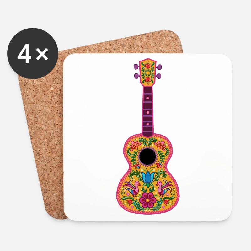 Ukulele bemalt mit bunten mexikanischen Stickereien - Untersetzer (4er-Set) - Weiß