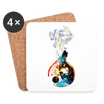 Une bouteille magique - Yin Yang - avec des fleurs - Dessous de verre (lot de 4) - blanc - Devant
