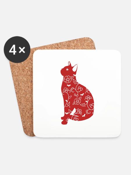 Rote Katze Chinoiserien - Untersetzer (4er-Set) - Weiß