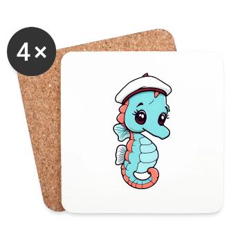 Hippocampe de dessin animé joyeux dans un chapeau de marin - Dessous de verre (lot de 4) - blanc - Devant