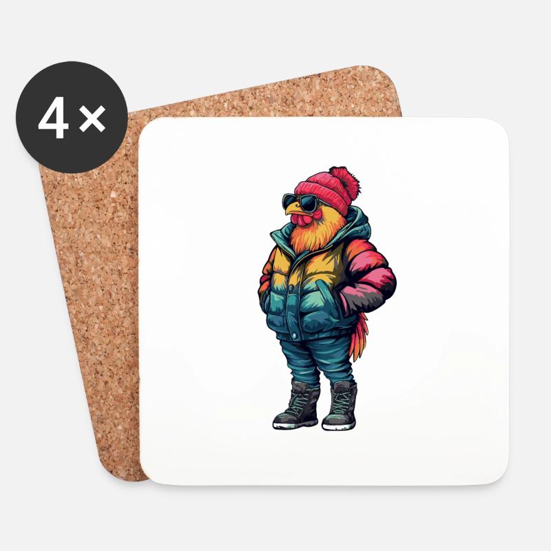 Hahn Winter Fashion - Untersetzer (4er-Set) - Weiß