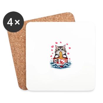 Cat Ramen Kawaii Japanese-Inspired Art - Coasters (set of 4) - white - Front
