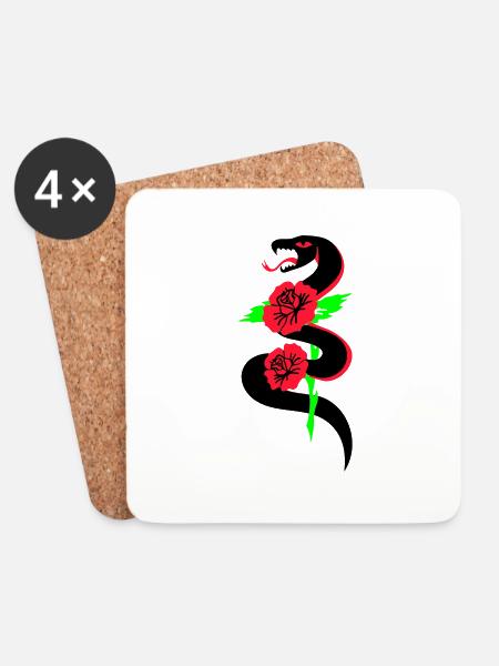 Retro Tattoo Schlange mit Rosen - Untersetzer (4er-Set) - Weiß
