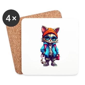 Dessin animé de chat mignon - Dessous de verre (lot de 4) - blanc - Devant