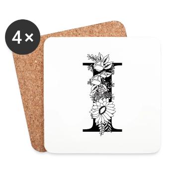 Lettre i floral noir et blanc - Dessous de verre (lot de 4) - blanc - Devant