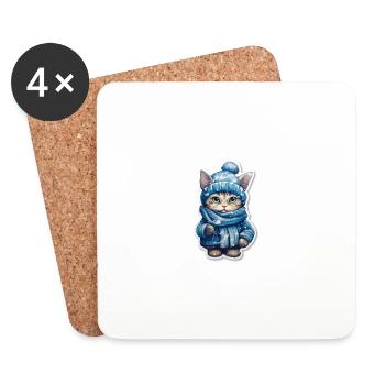 Chat avec écharpe, bonnet et veste d’hiver - Dessous de verre (lot de 4) - blanc - Devant