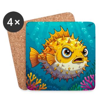 Kugelfisch im Comic-Stil, runder, stacheliger, aufgeblasener Körper - Untersetzer (4er-Set) - Weiß - Vorne