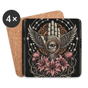 Geflügelte Hand mit zentralem Auge und Blumen - Untersetzer (4er-Set) - Weiß - Vorne