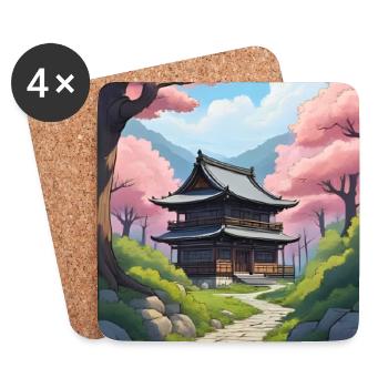 Japanischer Tempel zwischen Kirschblüten - Untersetzer (4er-Set) - Weiß - Vorne