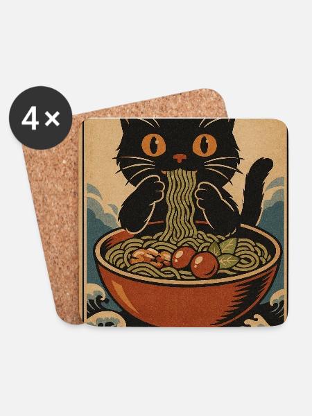Ramen-Katzen-Retro-Poster, Love Cats - Untersetzer (4er-Set) - Weiß