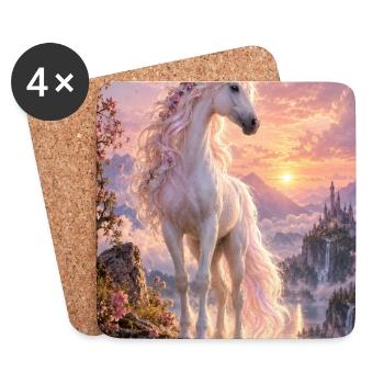 Pastelleinhorn bei Sonnenuntergang über der Burg - Untersetzer (4er-Set) - Weiß - Vorne