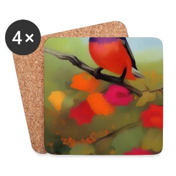 Vogel auf Ast mit bunten Blüten - Untersetzer (4er-Set) - Weiß - Vorne