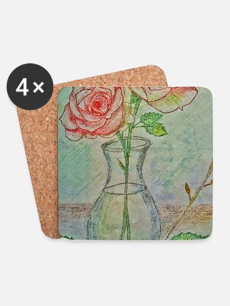 Zwei rote Rosen in einer Vase - Untersetzer (4er-Set) - Weiß