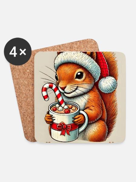 Weihnachts-Eichhörnchen mit heißer Schokolade - Untersetzer (4er-Set) - Weiß