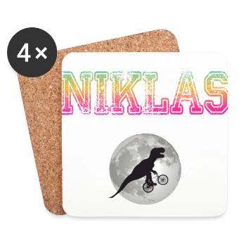 NIKLAS - Schöner Jungen Name mit Dinosaurier - Untersetzer (4er-Set) - Weiß - Vorne