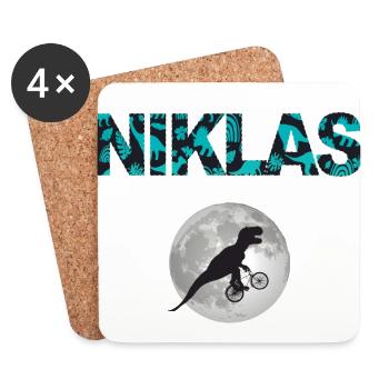NIKLAS - Schöner Jungen Name mit Dinosaurier - Untersetzer (4er-Set) - Weiß - Vorne