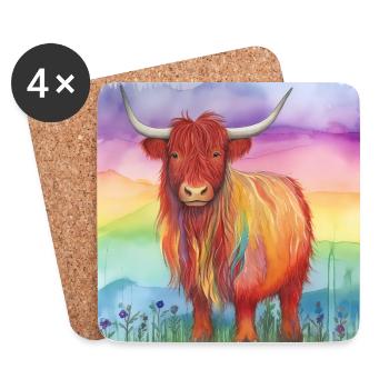 Watercolor Highland Cow with Vibrant Background - Coasters (set of 4) - white - Front