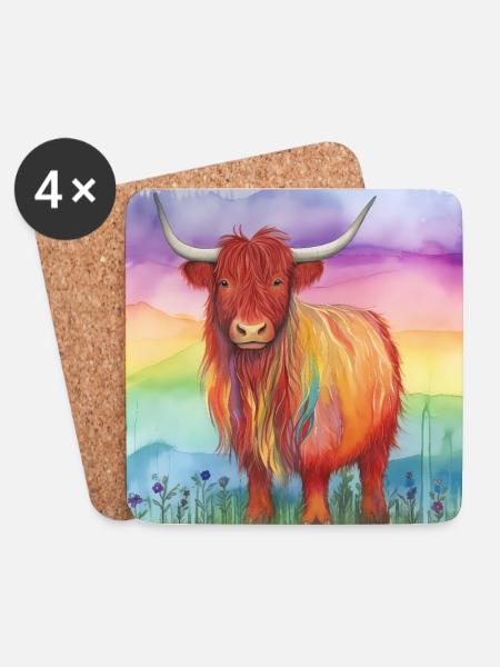 Watercolor Highland Cow with Vibrant Background - Coasters (set of 4) - white