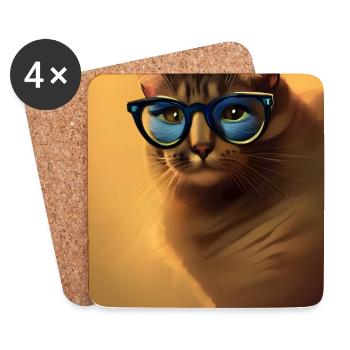 Chat avec lunettes - Dessous de verre (lot de 4) - blanc - Devant