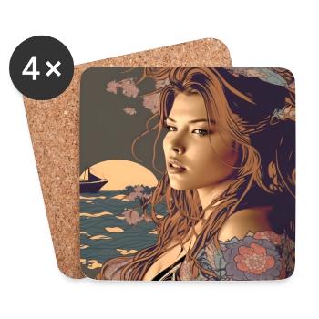 Ukiyo Ilustration Japanese woman by the sea - Coasters (set of 4) - white - Front