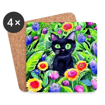 Black cat sitting in a flower garden - Coasters (set of 4) - white - Front