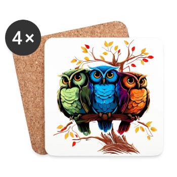 Cooles buntes Eulen Motiv - 3 Eulen - Untersetzer (4er-Set) - Weiß - Vorne