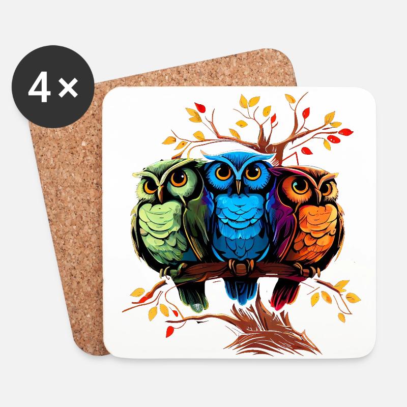 Cooles buntes Eulen Motiv - 3 Eulen - Untersetzer (4er-Set) - Weiß