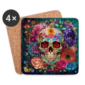 Totenkopf Kunst Aquarell Blumen Design - Untersetzer (4er-Set) - Weiß - Vorne