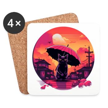 Synthwave japan Cat with umbrella - Coasters (set of 4) - white - Front
