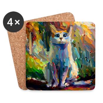Abstraktes farbiges Ölgemälde einer sitzenden Katze - Untersetzer (4er-Set) - Weiß - Vorne